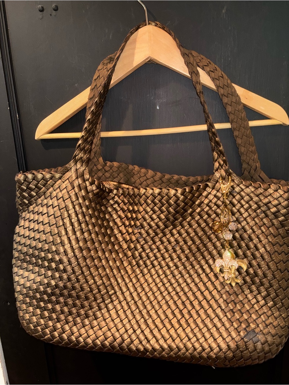Liz Soto Metallic Bronze Woven Leather Tote Bag Fleur de Lis Charm